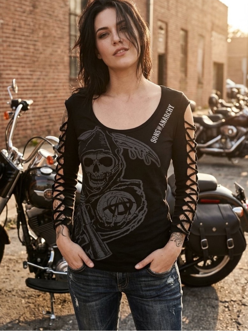 Black Lace-Up Sleeve Graphic Long-Sleeve Tee - Sons of Anarchy